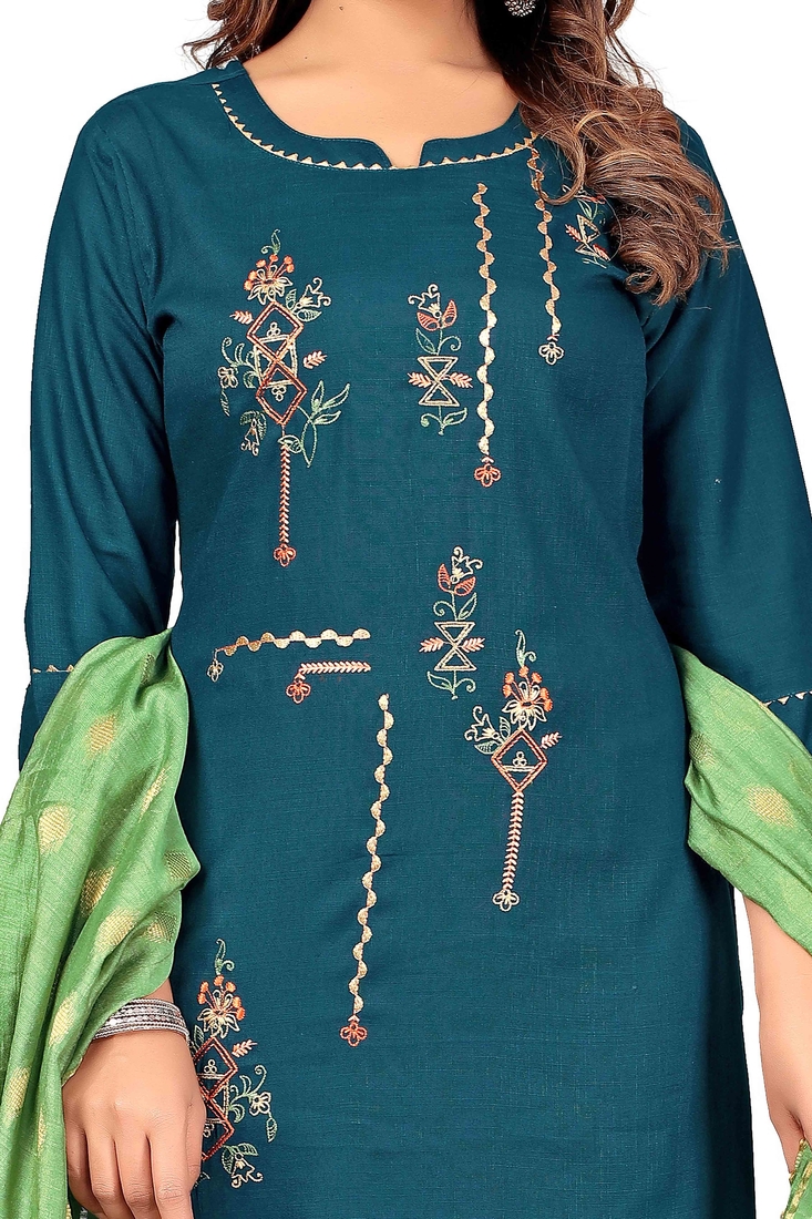 Seamore Rayon Slub Indigo Embroidery For Women Stitched Kurta Set