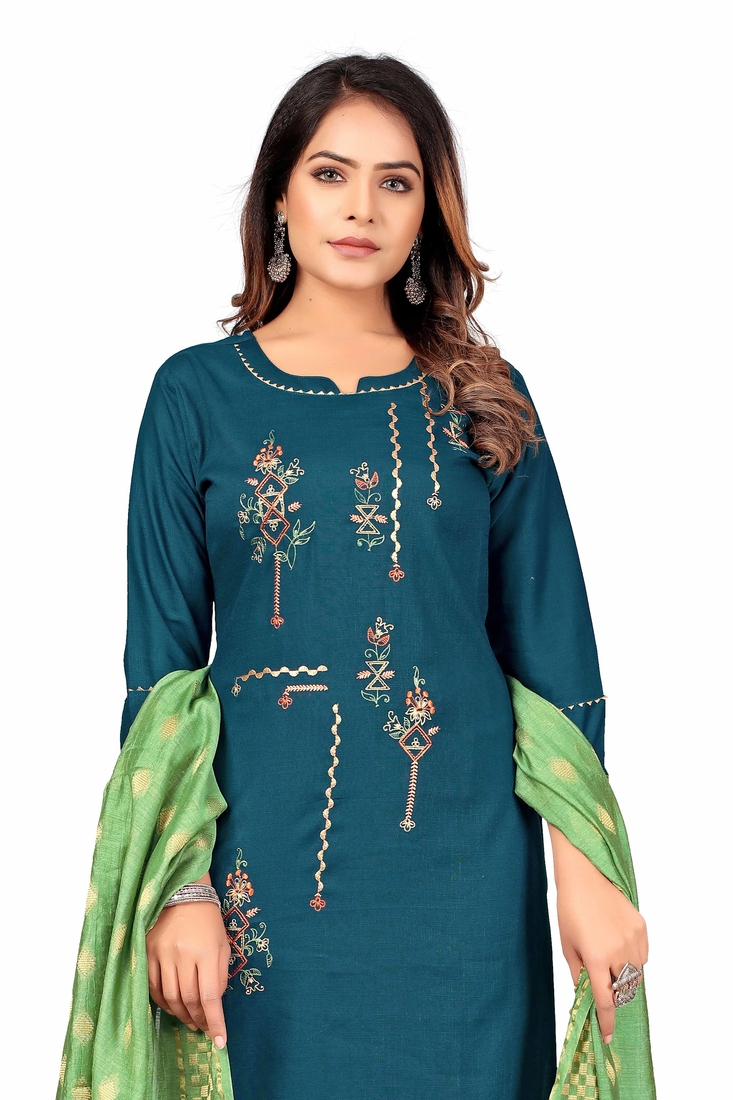 Seamore Rayon Slub Indigo Embroidery For Women Stitched Kurta Set