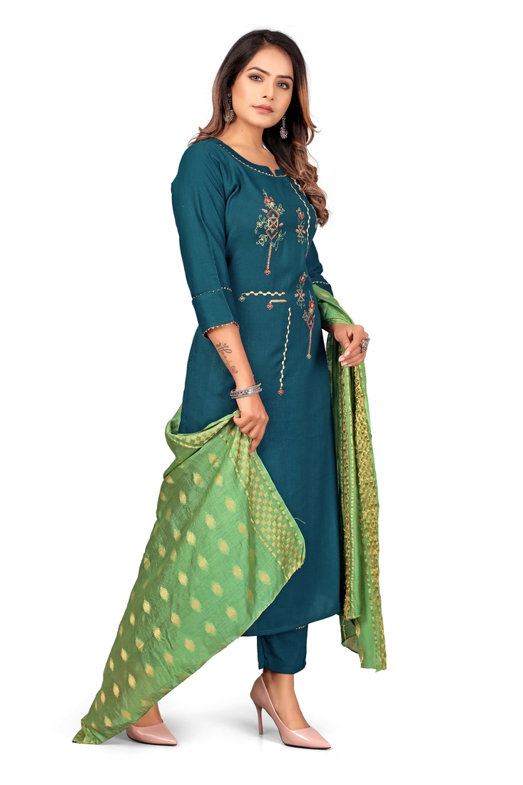 Seamore Rayon Slub Indigo Embroidery For Women Stitched Kurta Set