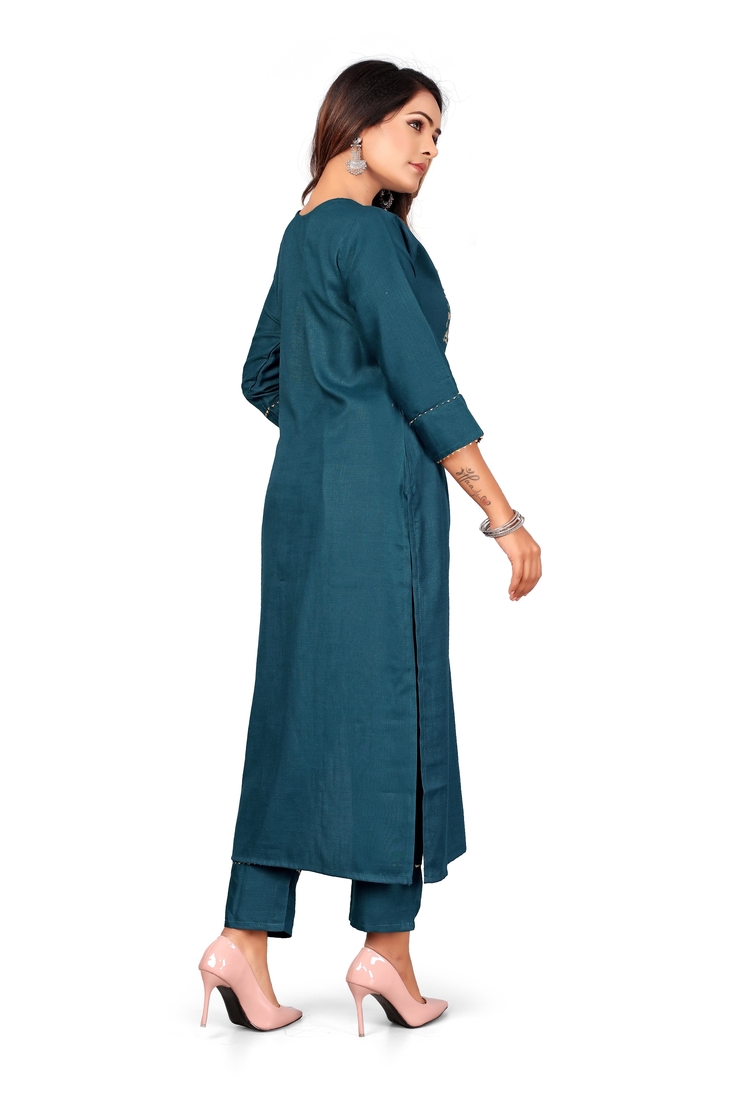 Seamore Rayon Slub Indigo Embroidery For Women Stitched Kurta Set