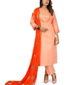 Seamore Cotton Slub Peach Embroidery For Women Stitched Kurta Set