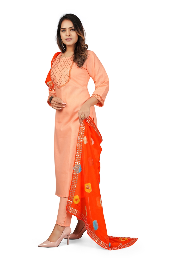 Seamore Cotton Slub Peach Embroidery For Women Stitched Kurta Set