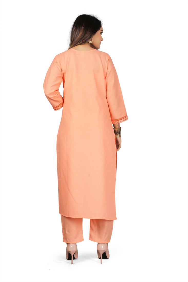Seamore Cotton Slub Peach Embroidery For Women Stitched Kurta Set