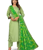 Seamore Cotton Slub Pista Embroidery For Women Stitched Kurta Set