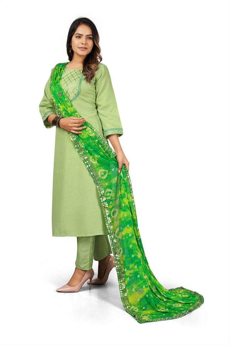Seamore Cotton Slub Pista Embroidery For Women Stitched Kurta Set