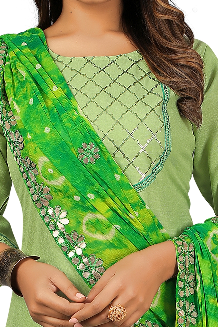 Seamore Cotton Slub Pista Embroidery For Women Stitched Kurta Set