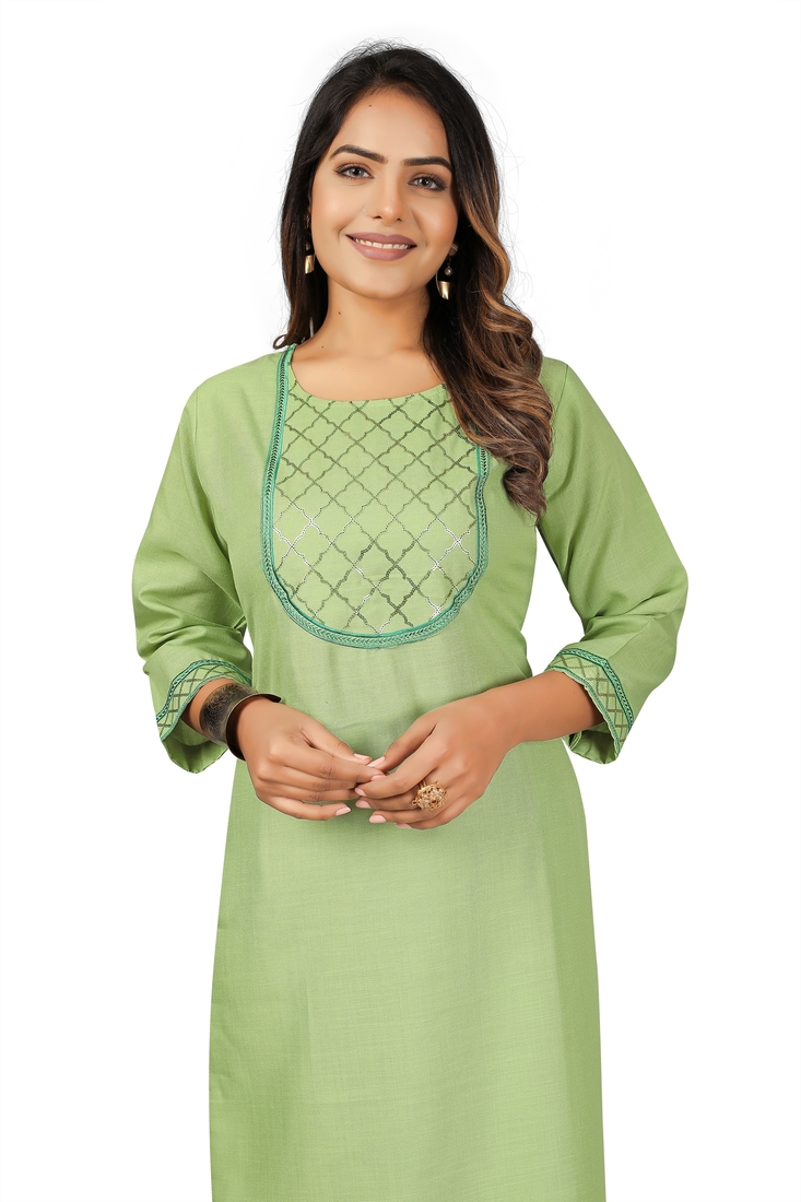 Seamore Cotton Slub Pista Embroidery For Women Stitched Kurta Set