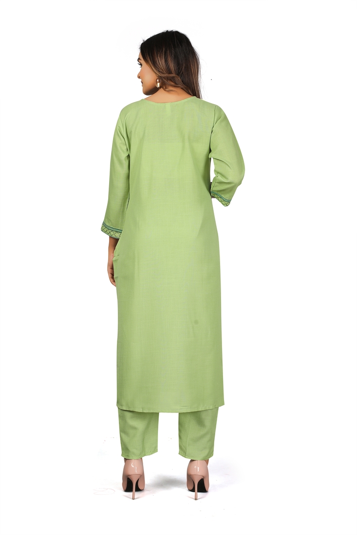 Seamore Cotton Slub Pista Embroidery For Women Stitched Kurta Set