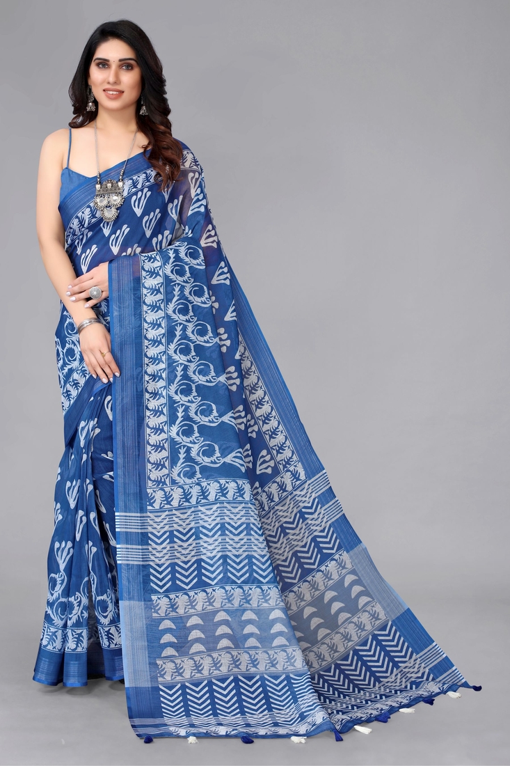 Multicolor printed cotton saree with blouse