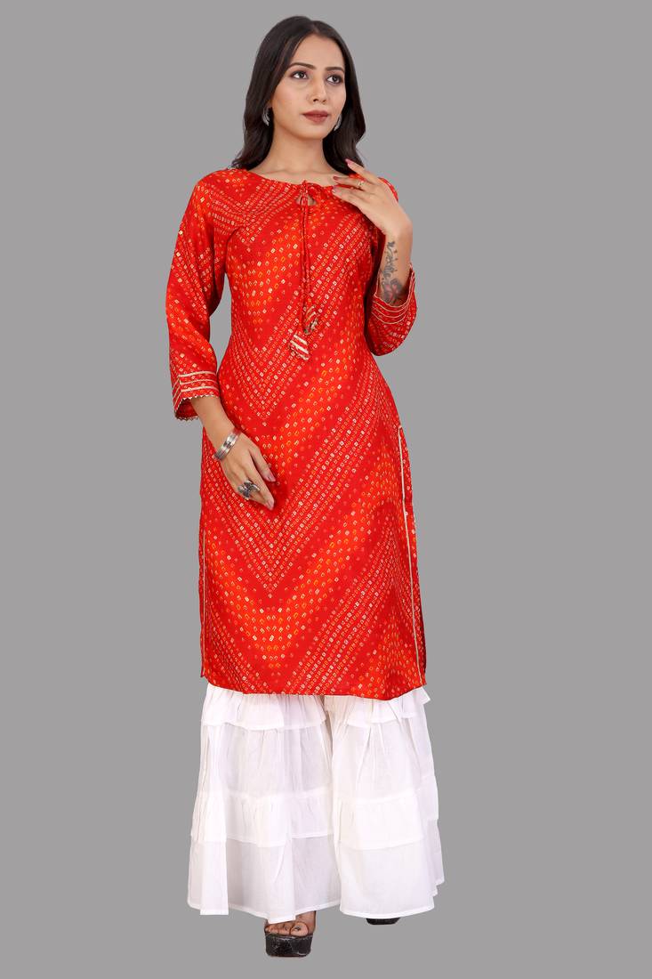 Seamore Rayon Red Bandhej Printed For Women Stitched Kurta Set