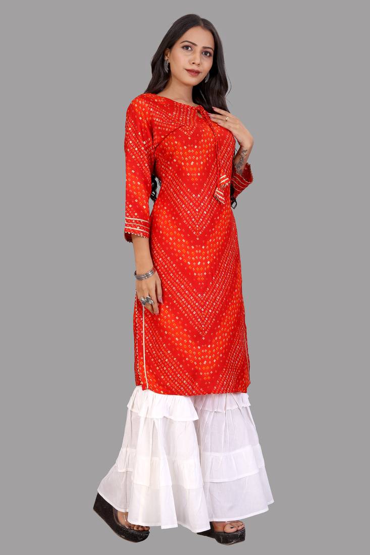 Seamore Rayon Red Bandhej Printed For Women Stitched Kurta Set