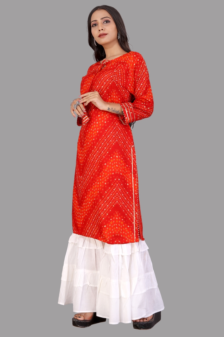 Seamore Rayon Red Bandhej Printed For Women Stitched Kurta Set