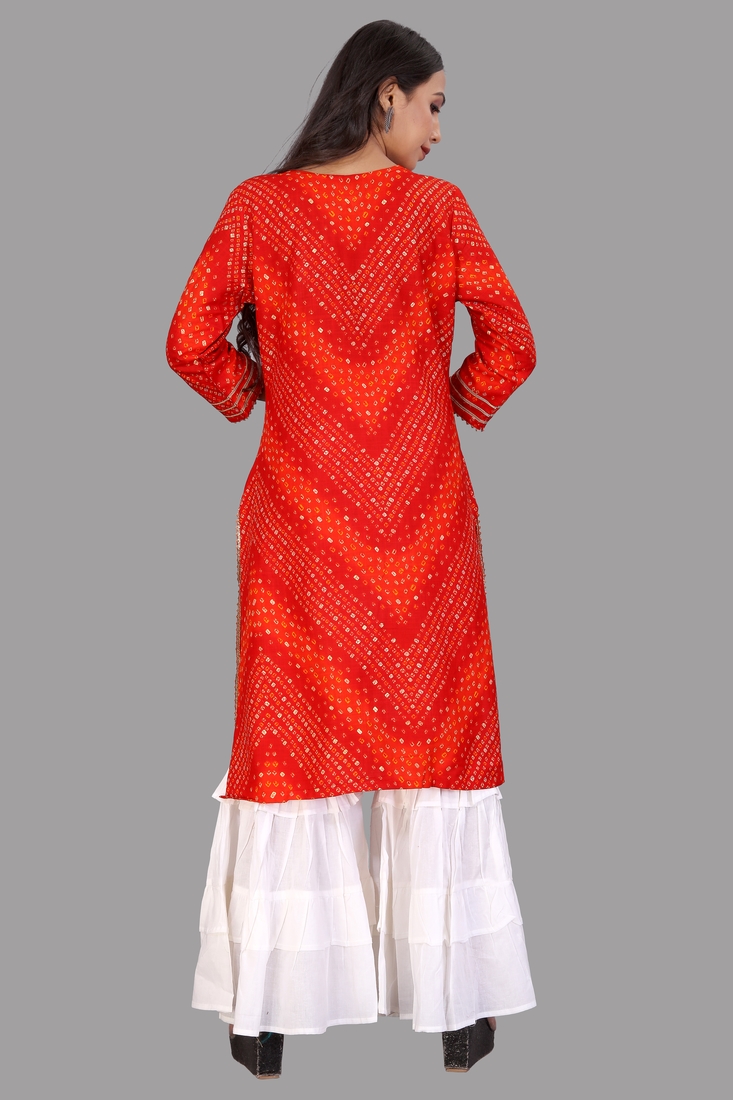 Seamore Rayon Red Bandhej Printed For Women Stitched Kurta Set