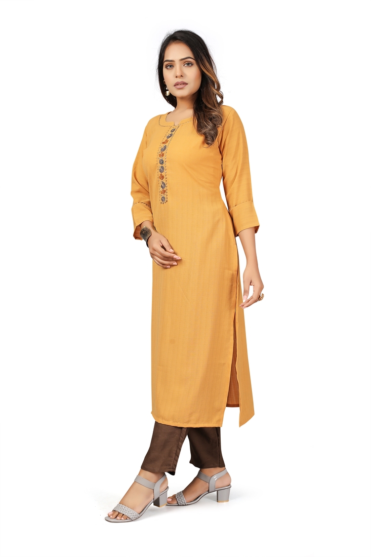 Seamore Polyester Musterd Embroidery For Women Stitched Kurta Set