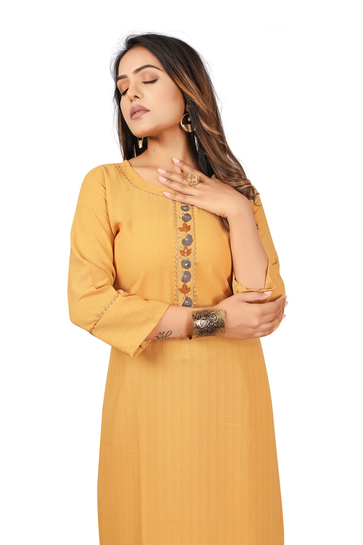 Seamore Polyester Musterd Embroidery For Women Stitched Kurta Set