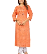 Seamore Cotton Rayan Slub Orange Mirror Work For Women Stitched Kurta Set