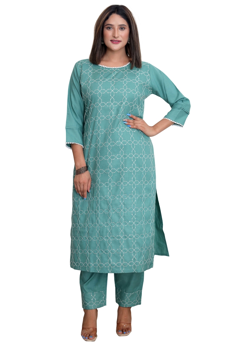 Seamore Cotton Blend Green Embroidery For Women Stitched Kurta Set