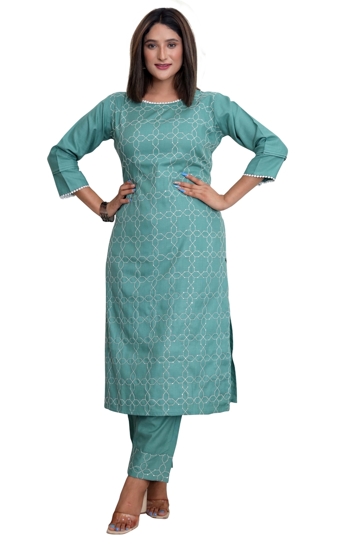 Seamore Cotton Blend Green Embroidery For Women Stitched Kurta Set