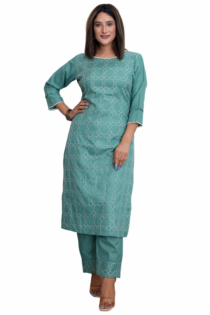 Seamore Cotton Blend Green Embroidery For Women Stitched Kurta Set
