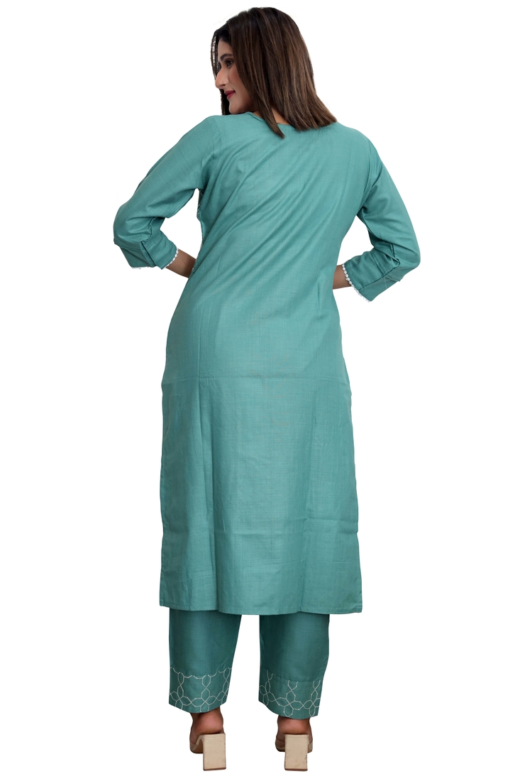 Seamore Cotton Blend Green Embroidery For Women Stitched Kurta Set