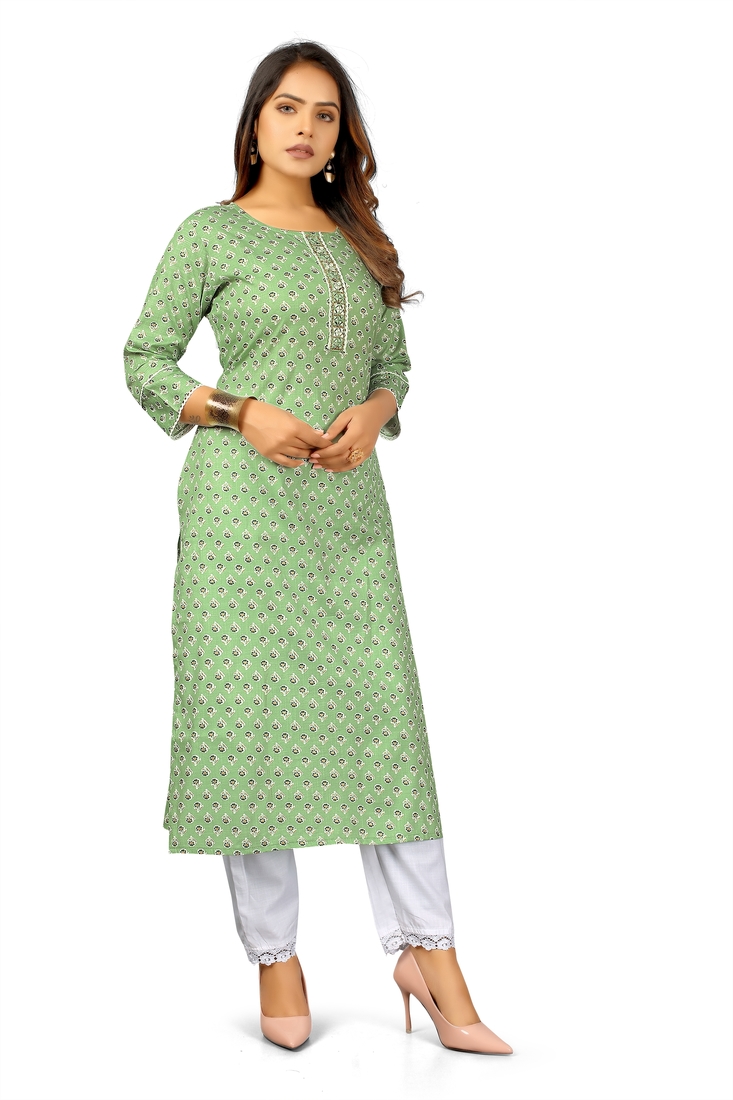 Seamore Cotton Rayan Slub Pista Mirror Work For Women Stitched Kurta Set