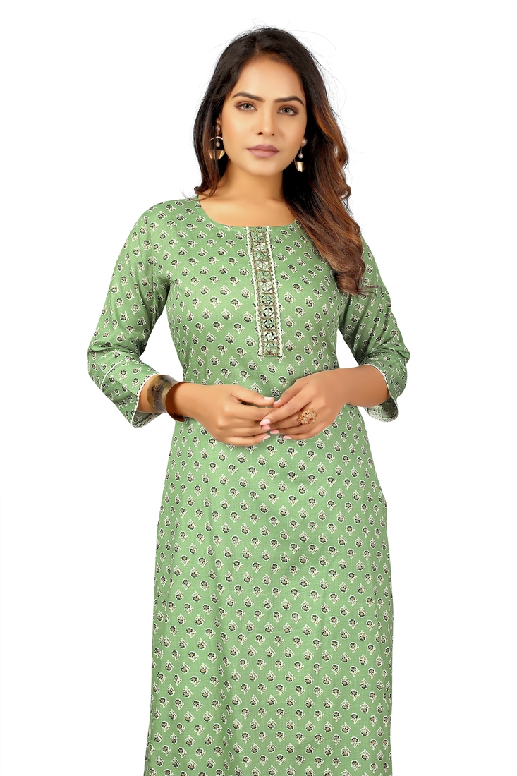 Seamore Cotton Rayan Slub Pista Mirror Work For Women Stitched Kurta Set