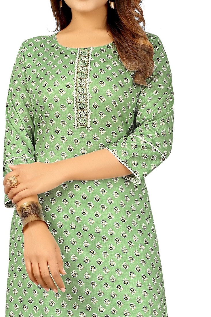 Seamore Cotton Rayan Slub Pista Mirror Work For Women Stitched Kurta Set