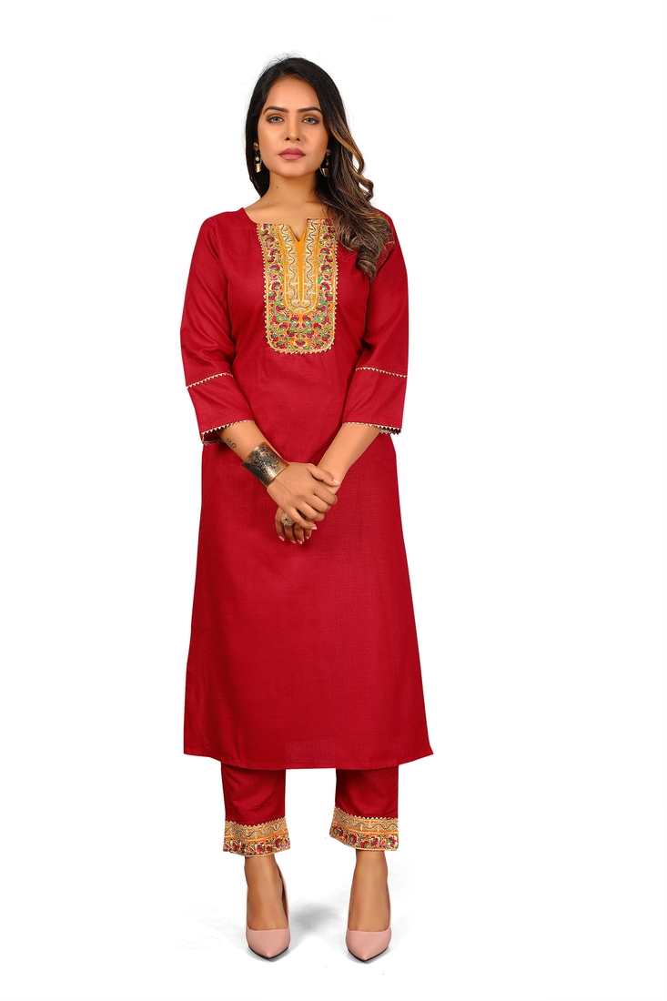 Seamore Cotton Slub Maroon Embroidery For Women Stitched Kurta Set