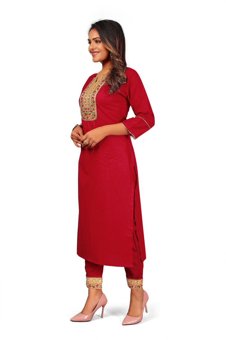 Seamore Cotton Slub Maroon Embroidery For Women Stitched Kurta Set