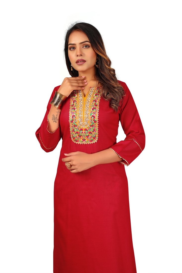 Seamore Cotton Slub Maroon Embroidery For Women Stitched Kurta Set