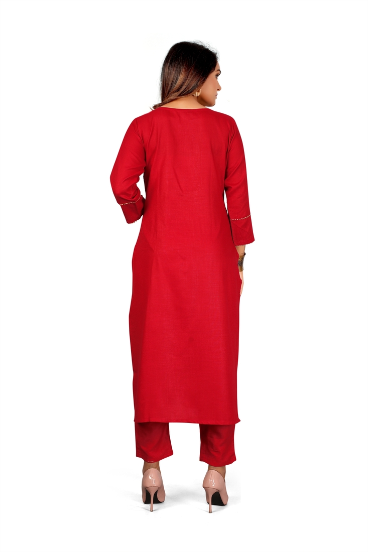 Seamore Cotton Slub Maroon Embroidery For Women Stitched Kurta Set