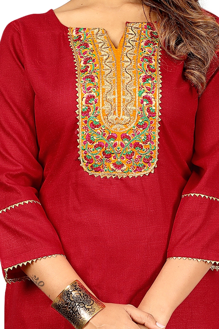 Seamore Cotton Slub Maroon Embroidery For Women Stitched Kurta Set