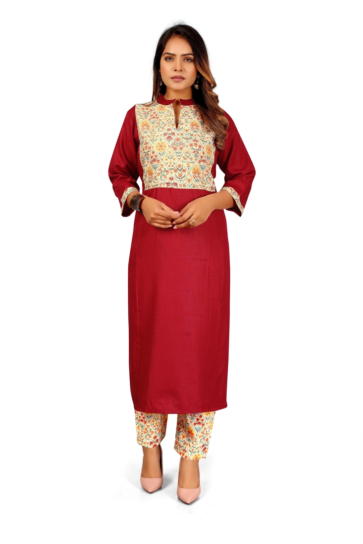 Seamore Cotton Slub Maroon Digital Print For Women Stitched Kurta Set