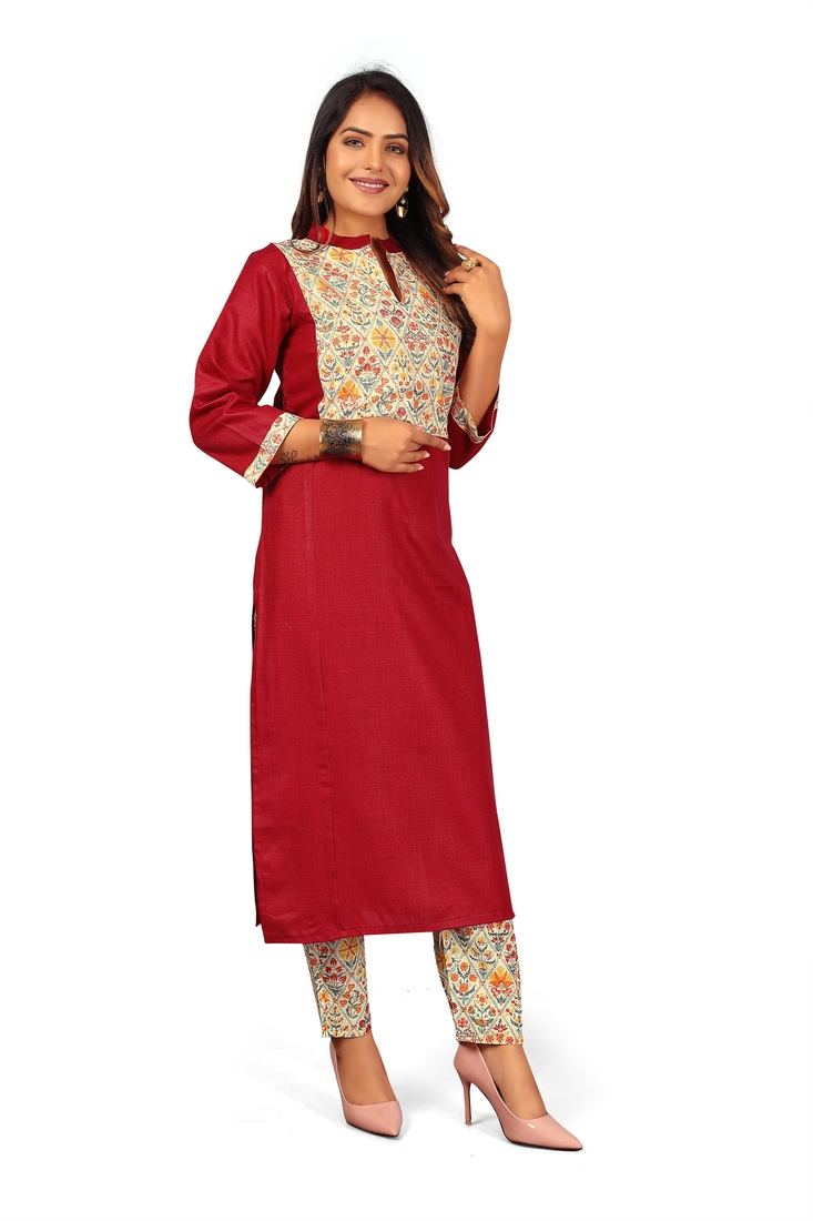 Seamore Cotton Slub Maroon Digital Print For Women Stitched Kurta Set