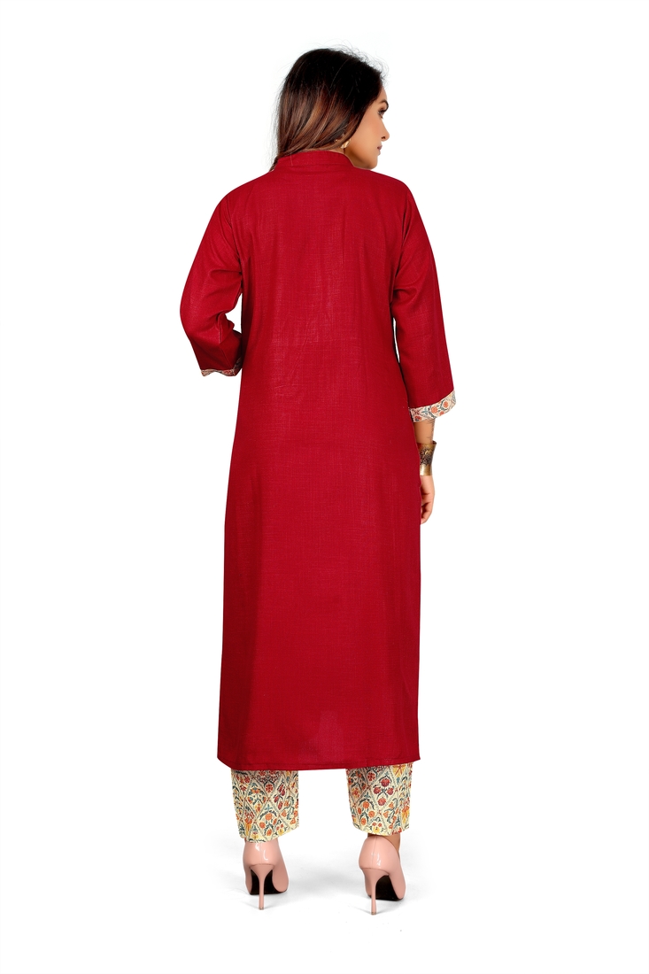 Seamore Cotton Slub Maroon Digital Print For Women Stitched Kurta Set