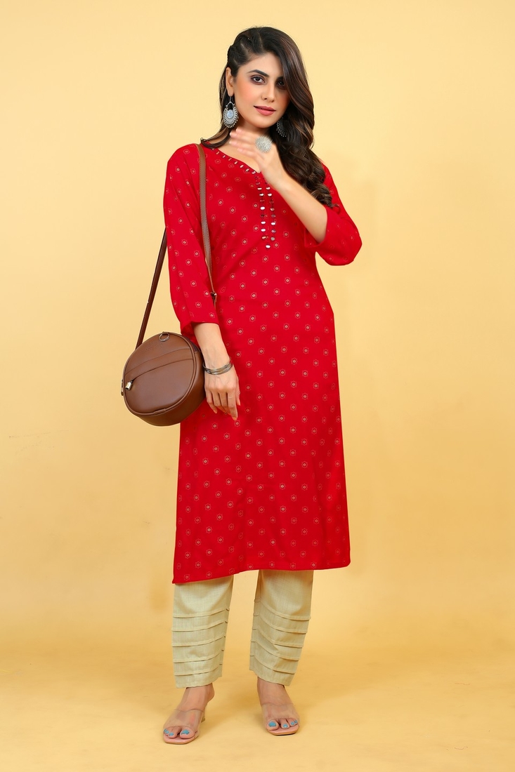 Seamore Rayon Raani Mirror Work For Women Stitched Kurta Set