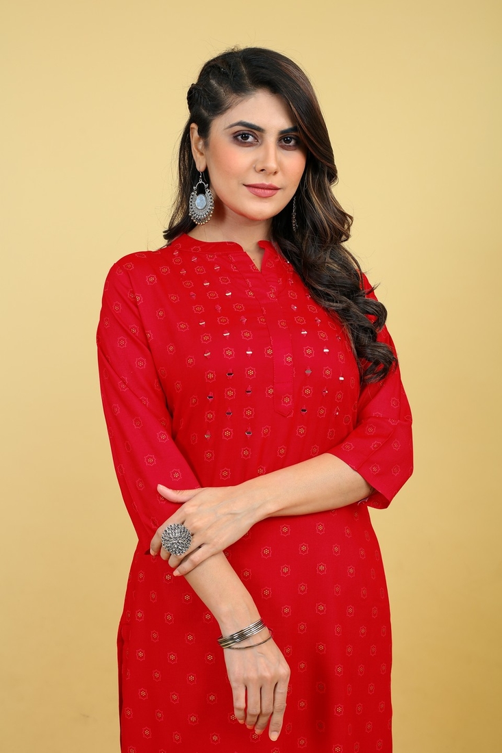 Seamore Rayon Raani Mirror Work For Women Stitched Kurta Set