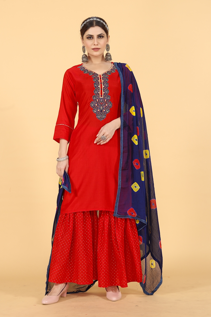 Seamore Musline Red Embroidery For Women Stitched Kurta Set
