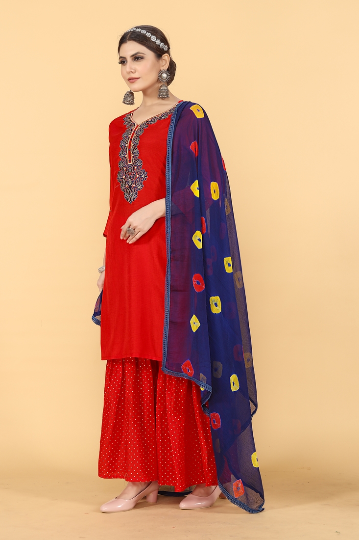Seamore Musline Red Embroidery For Women Stitched Kurta Set