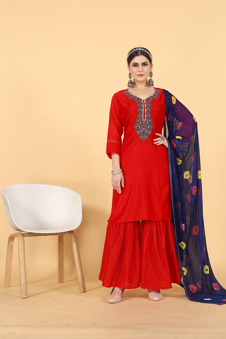 Seamore Musline Red Embroidery For Women Stitched Kurta Set