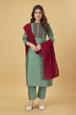 Seamore Viscose Chanderi Green Embroidery For Women Stitched Kurta Set 1