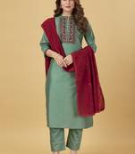 Seamore Viscose Chanderi Green Embroidery For Women Stitched Kurta Set