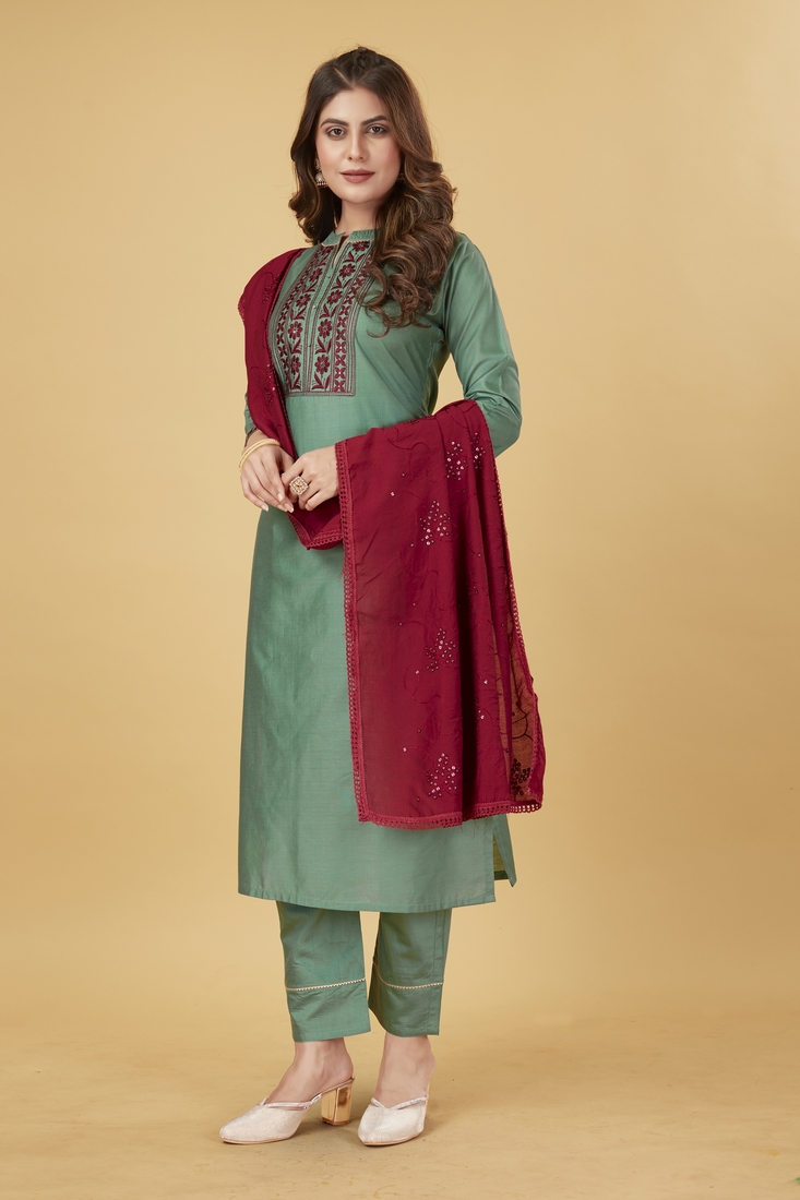 Seamore Viscose Chanderi Green Embroidery For Women Stitched Kurta Set
