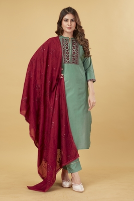 Seamore Viscose Chanderi Green Embroidery For Women Stitched Kurta Set 3