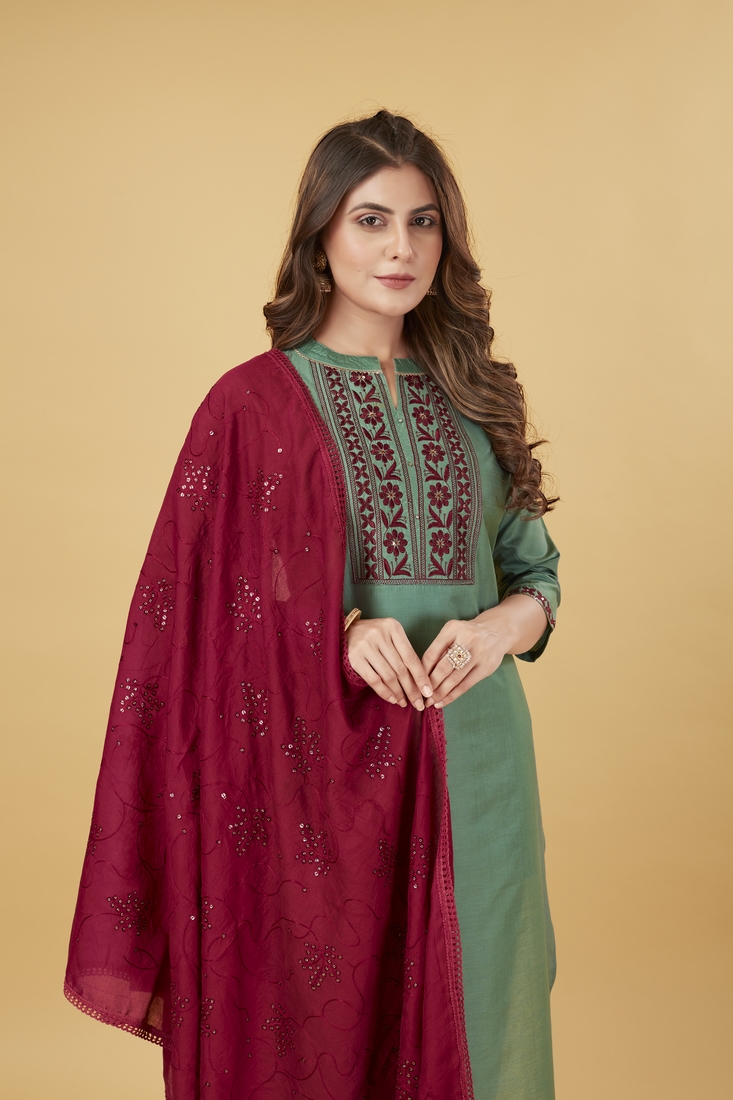 Seamore Viscose Chanderi Green Embroidery For Women Stitched Kurta Set