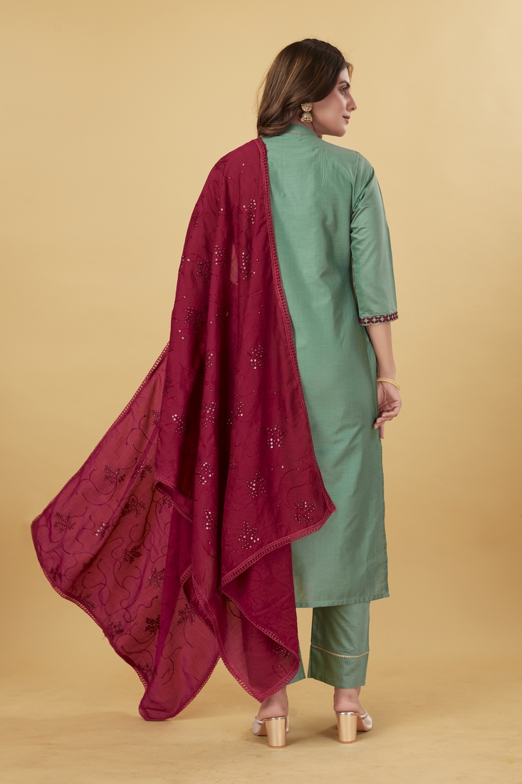 Seamore Viscose Chanderi Green Embroidery For Women Stitched Kurta Set