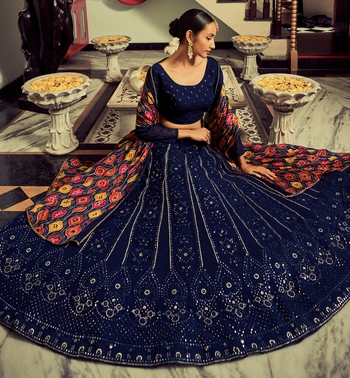 Navy Blue Colored Thread Embroidered Georgette Indian Wedding Lehenga Dress 6