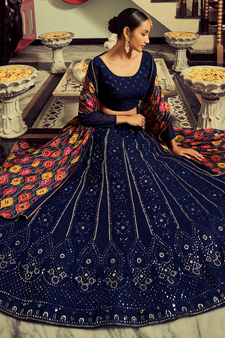 Navy Blue Colored Thread Embroidered Georgette Indian Wedding Lehenga Dress