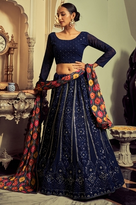 Navy Blue Colored Thread Embroidered Georgette Indian Wedding Lehenga Dress 7