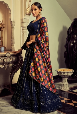 Navy Blue Colored Thread Embroidered Georgette Indian Wedding Lehenga Dress 8